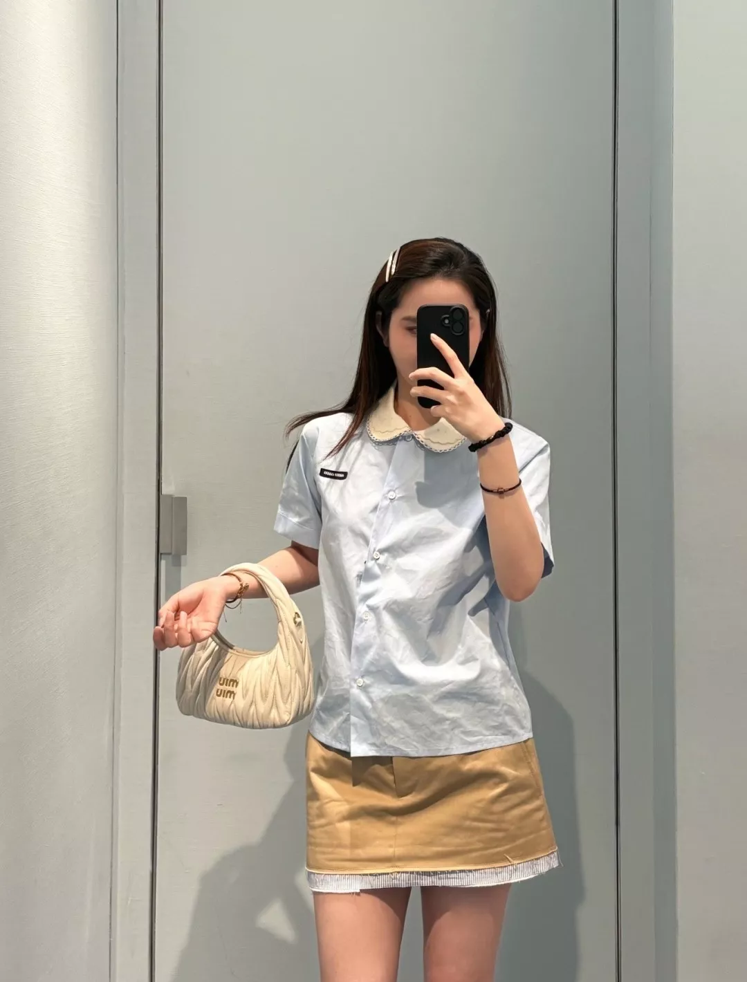 미우미우 더블 프릴 칼라 배색 코튼 셔츠 상세 이미지 3