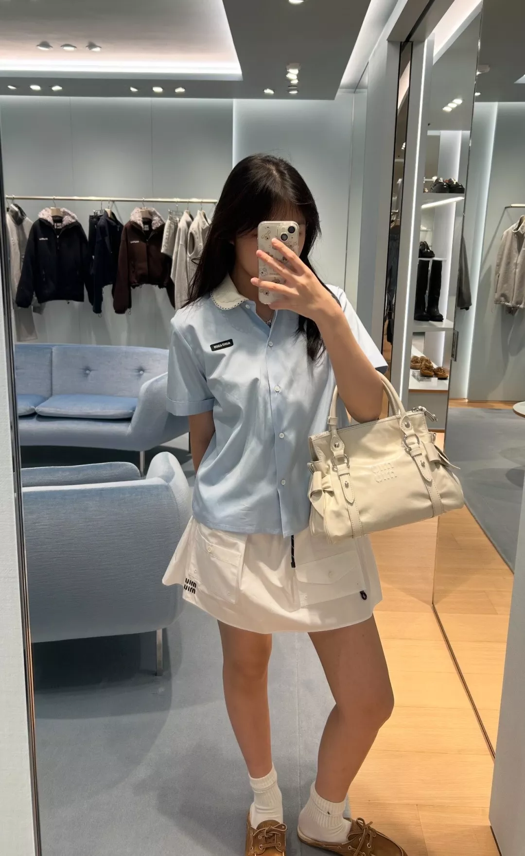 미우미우 더블 프릴 칼라 배색 코튼 셔츠 상세 이미지 6