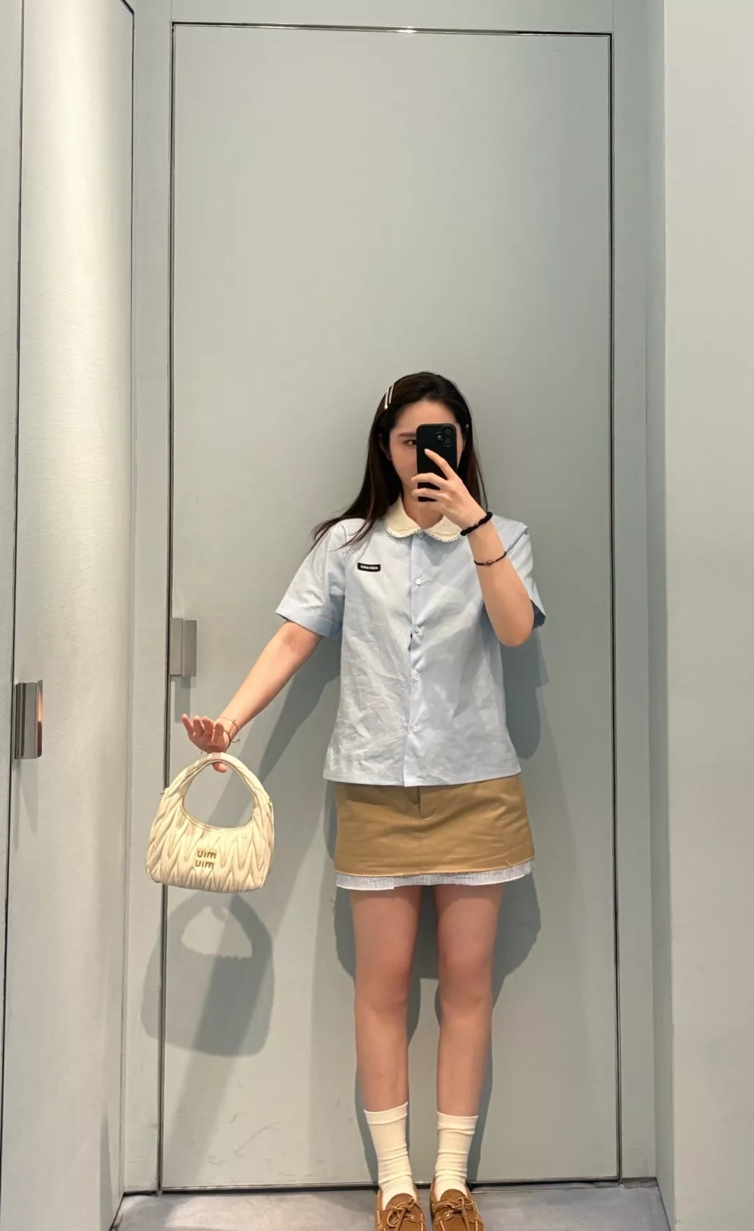 미우미우 더블 프릴 칼라 배색 코튼 셔츠 상세 이미지 4