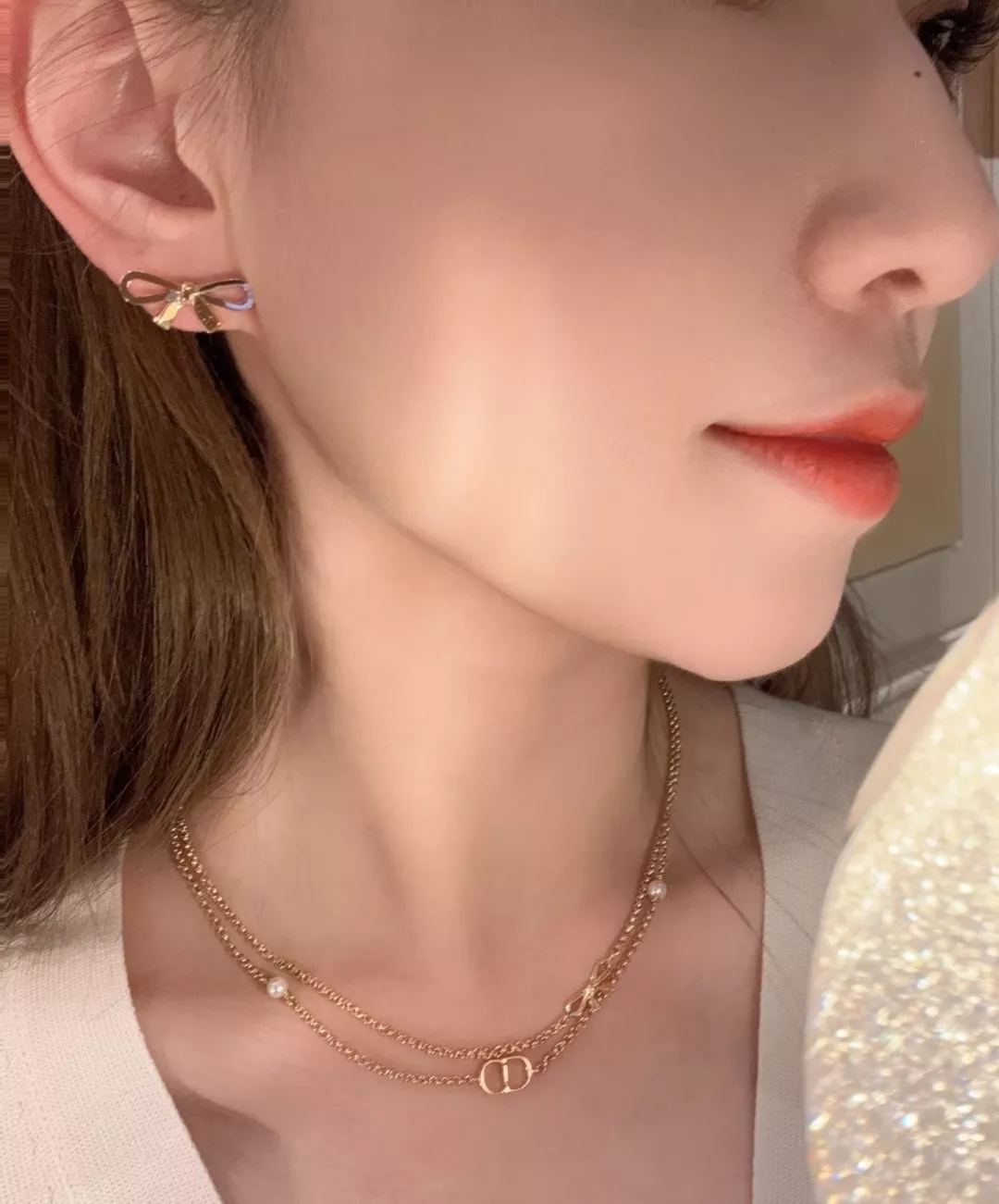 디올 더블 레이어 CD 리본 진주 네크리스 상세 이미지 18