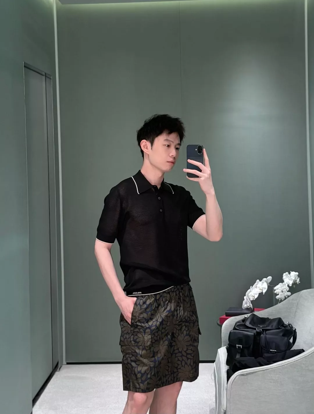 프라다 메쉬 짜임 카라 반소매 상의 상세 이미지 20