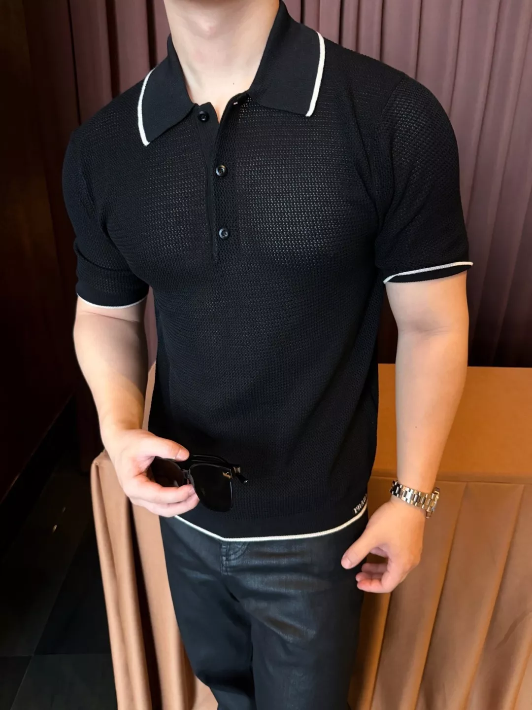 프라다 메쉬 짜임 카라 반소매 상의 상세 이미지 24