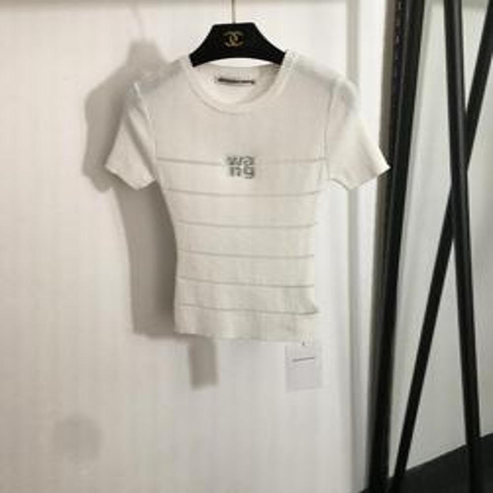알렉산더왕 25SS 로고 스톤 장식 시스루 물결 스트라이프 슬림핏 숏슬리브 니트 탑