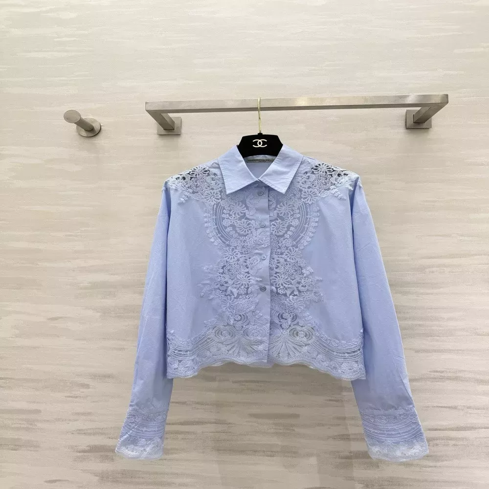 에르마노설비노 레이스 자수 플랫카라 크롭 셔츠