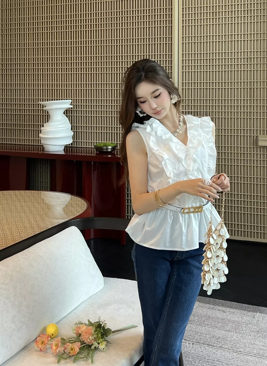 발렌티노 브이넥 프릴 화이트 상의 상세 이미지 13