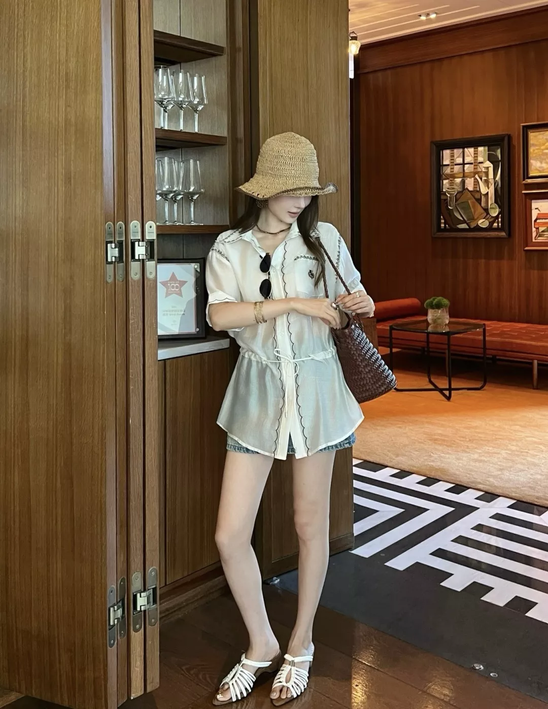 로로피아나 자수 포인트 허리 스트링 반팔 셔츠 상세 이미지 12