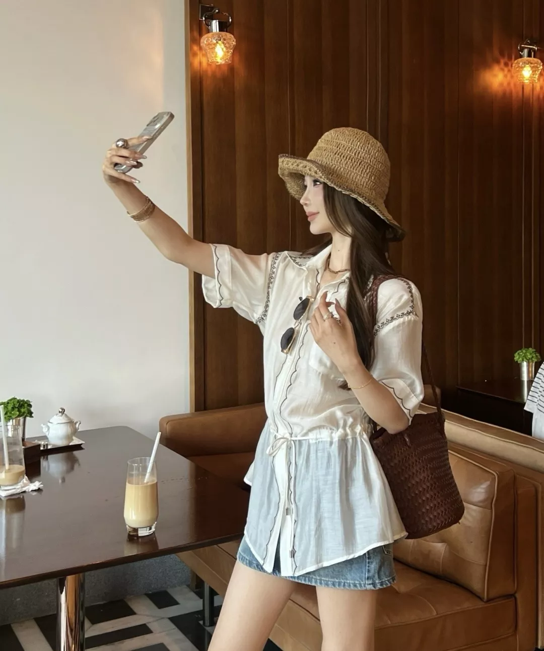 로로피아나 자수 포인트 허리 스트링 반팔 셔츠 상세 이미지 14