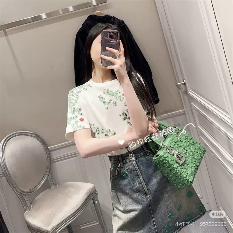 디올 플라워 리프 프린트 코튼 반팔 탑 상세 이미지 1