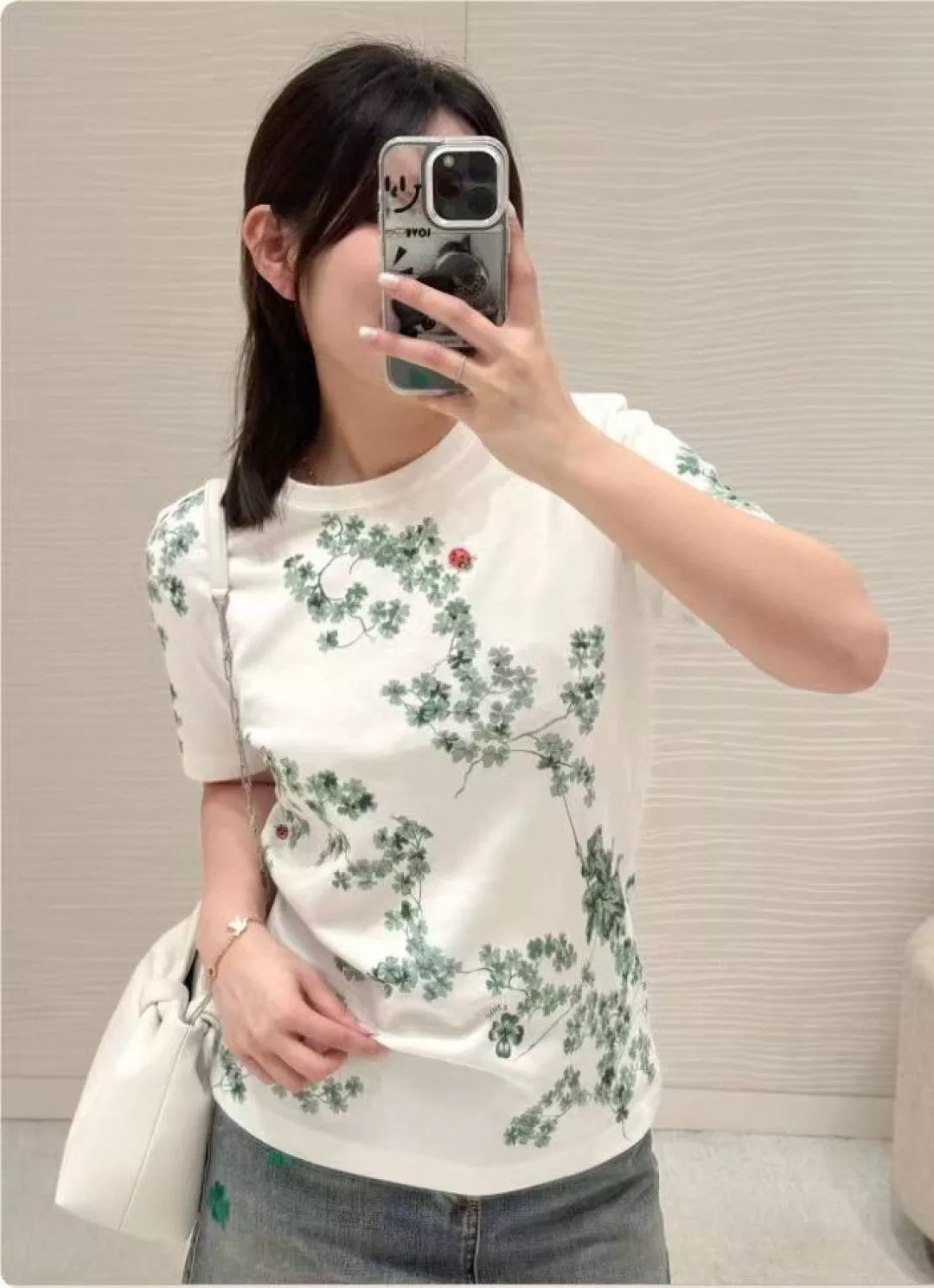 디올 플라워 리프 프린트 코튼 반팔 탑 상세 이미지 6