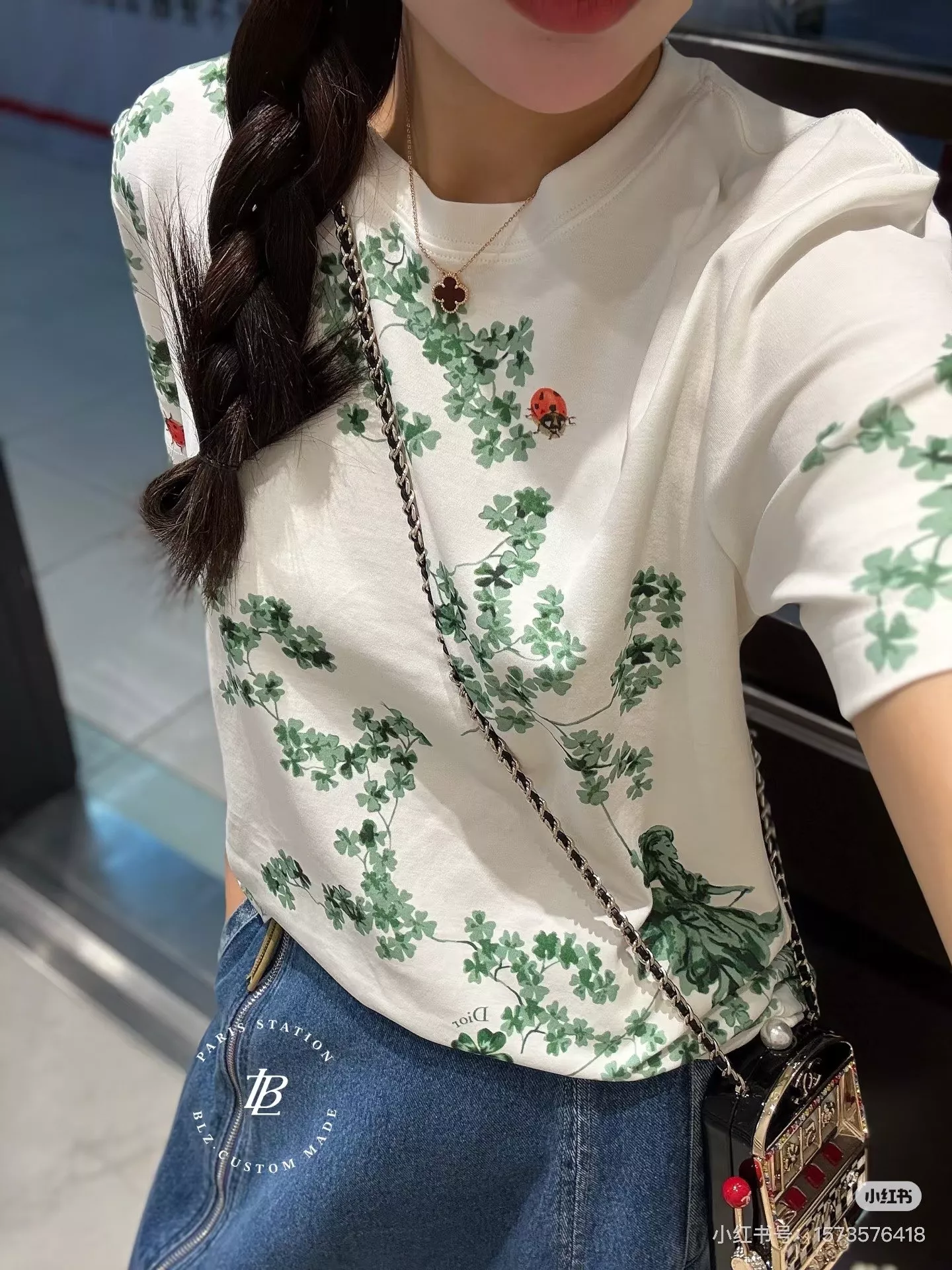 디올 플라워 리프 프린트 코튼 반팔 탑 상세 이미지 4