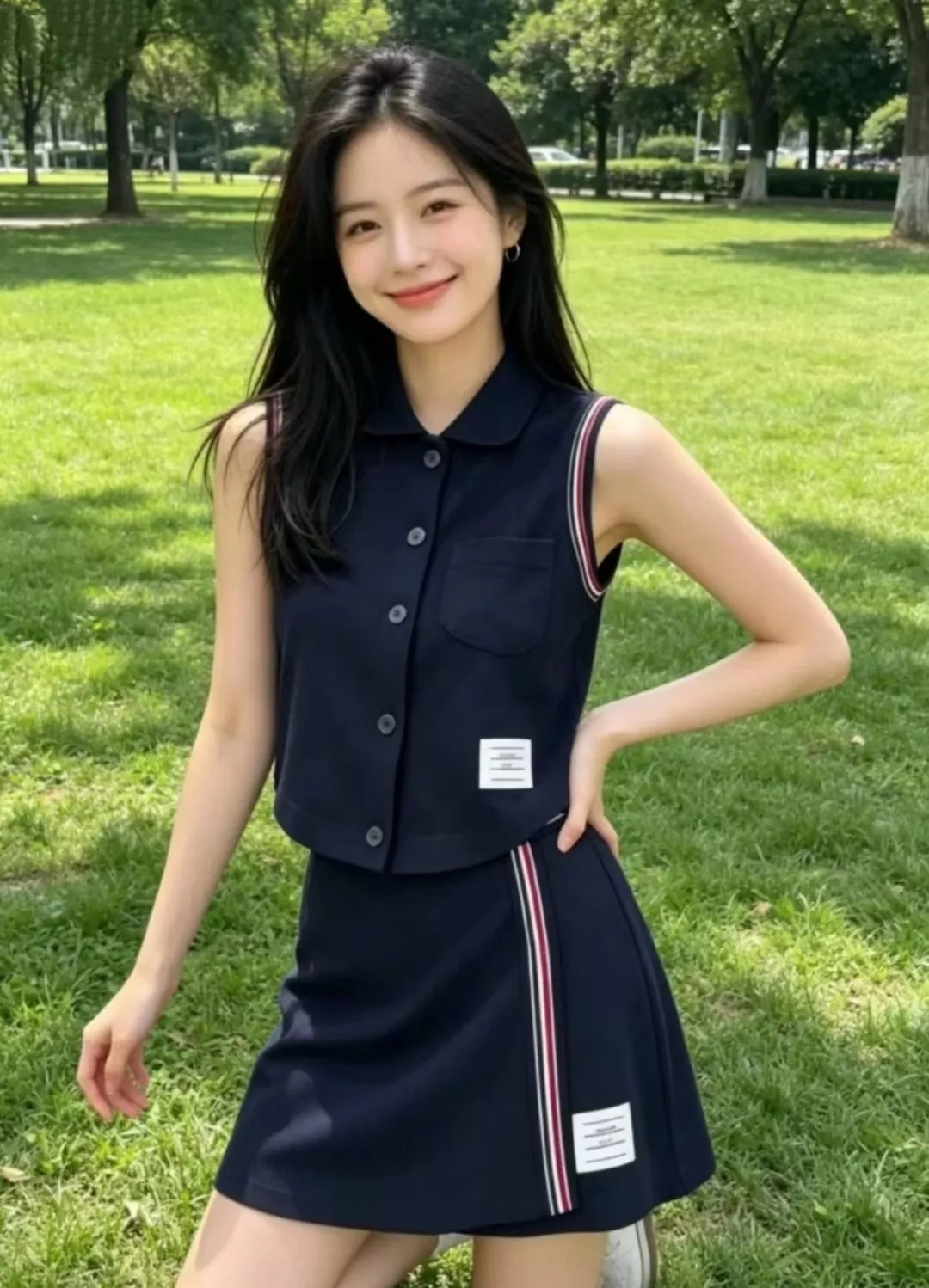 톰브라운 배색 스트라이프 포인트 스커트 상세 이미지 3