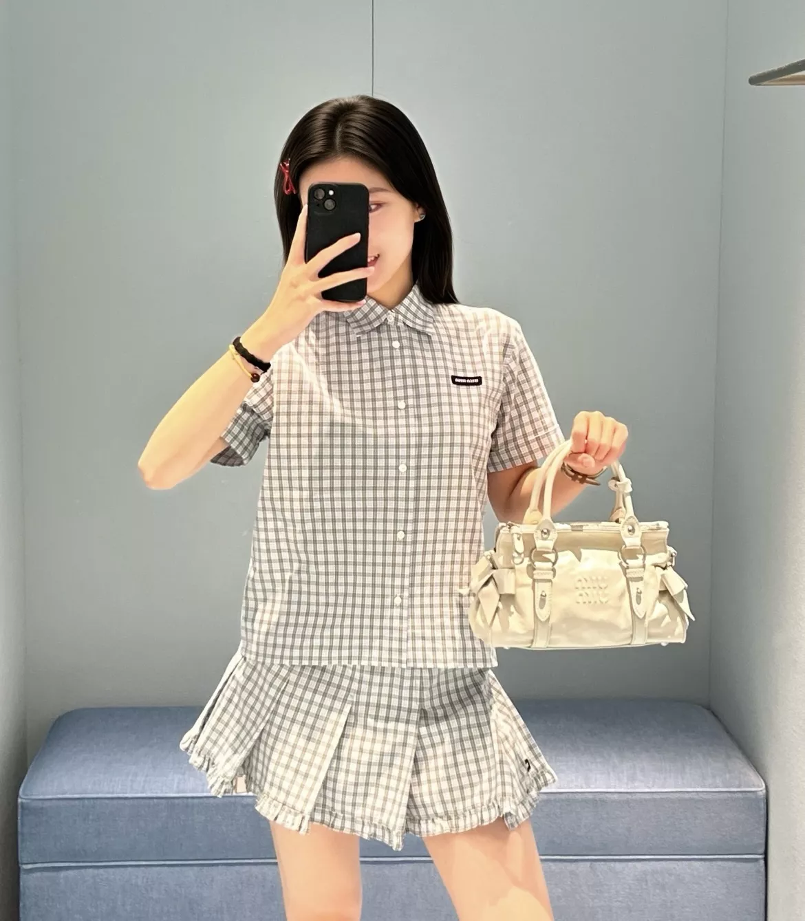 미우미우 블루 체크 크롭 카라 셔츠 상세 이미지 20