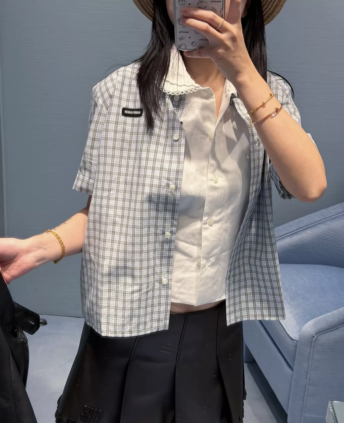 미우미우 블루 체크 크롭 카라 셔츠 상세 이미지 24