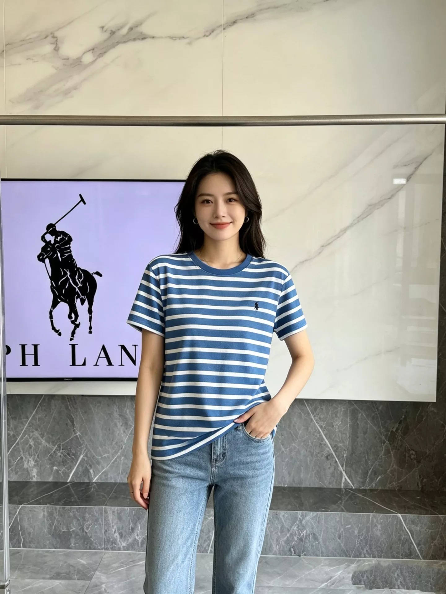 랄프로렌 스트라이프 자수 포인트 라운드넥 반팔 탑 상세 이미지 13