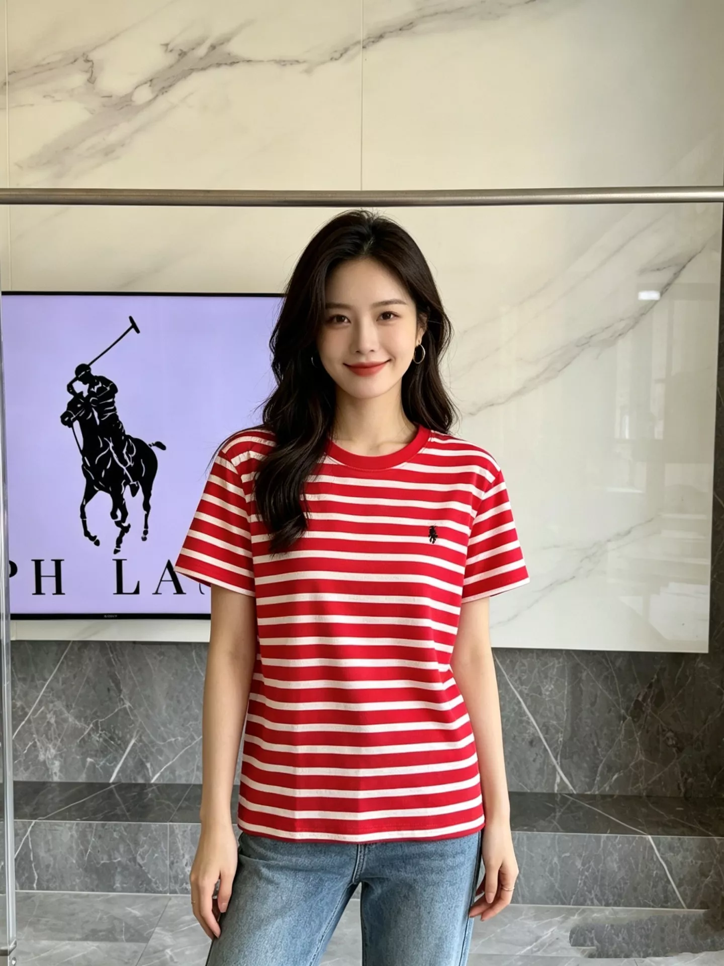 랄프로렌 스트라이프 자수 포인트 라운드넥 반팔 탑 상세 이미지 15