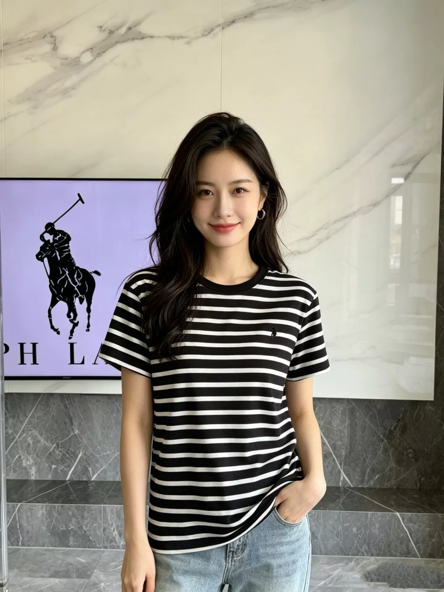 랄프로렌 스트라이프 자수 포인트 라운드넥 반팔 탑 상세 이미지 17