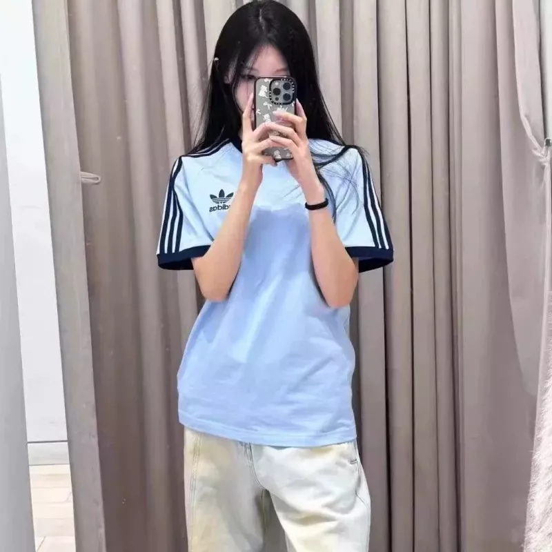 아디다스 삼선 배색 자수 로고 반팔 탑 상세 이미지 16