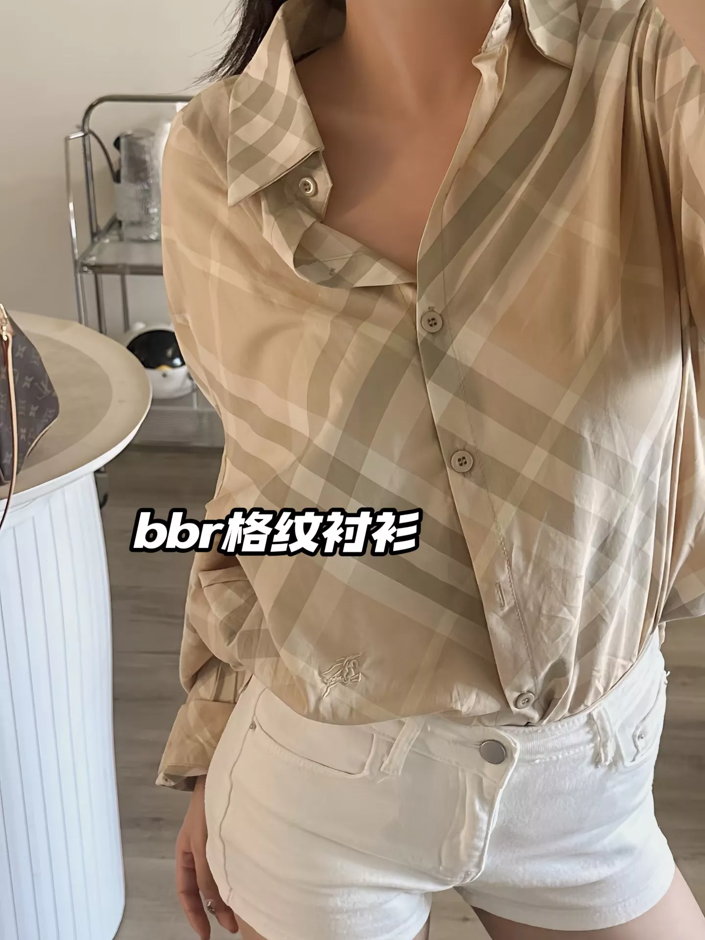 버버리 카키 체크 버튼 포인트 선 셔츠 상세 이미지 12
