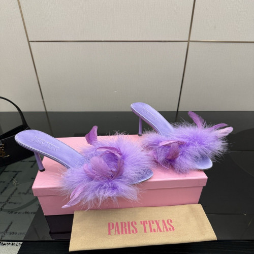 파리스텍사스 깃털 장식 포인티드 하이힐 뮬
