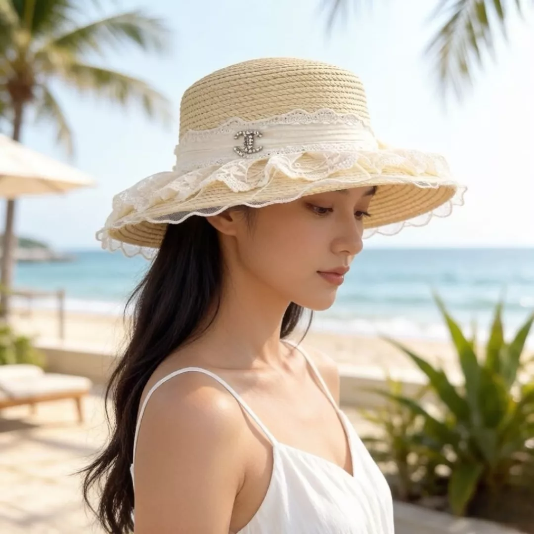 샤넬 레이스 장식 여름 밀짚 모자 상세 이미지 2