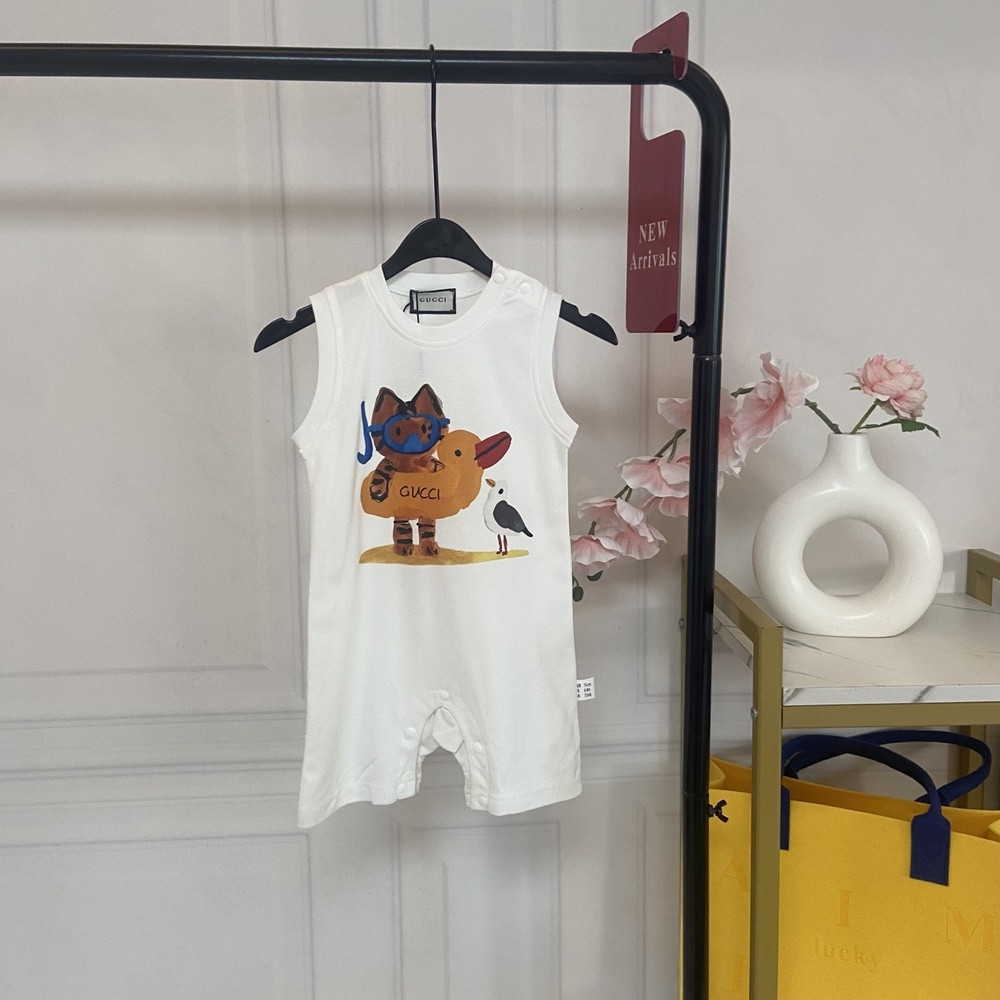구찌 카툰 프린팅 민소매 베이비 롬퍼