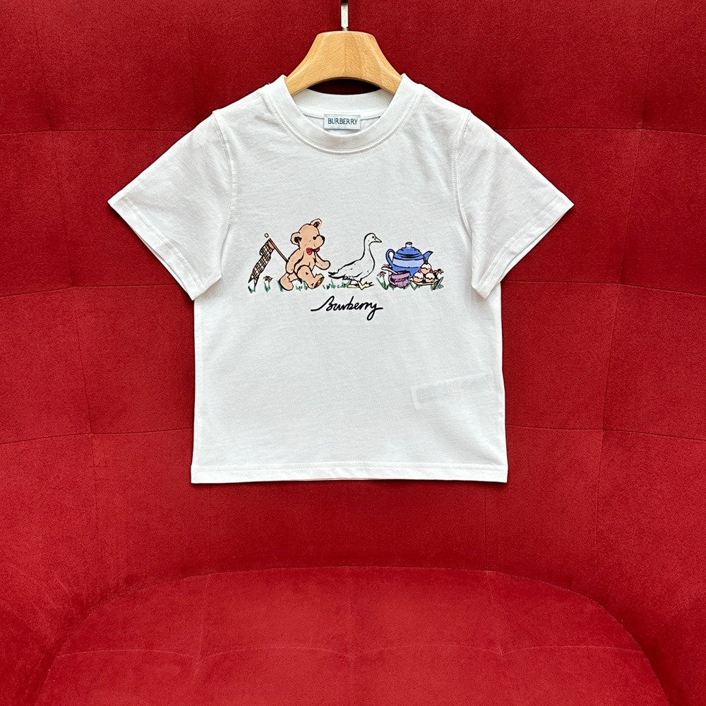 버버리 테디베어와 티파티 프린트 키즈 반팔 상의