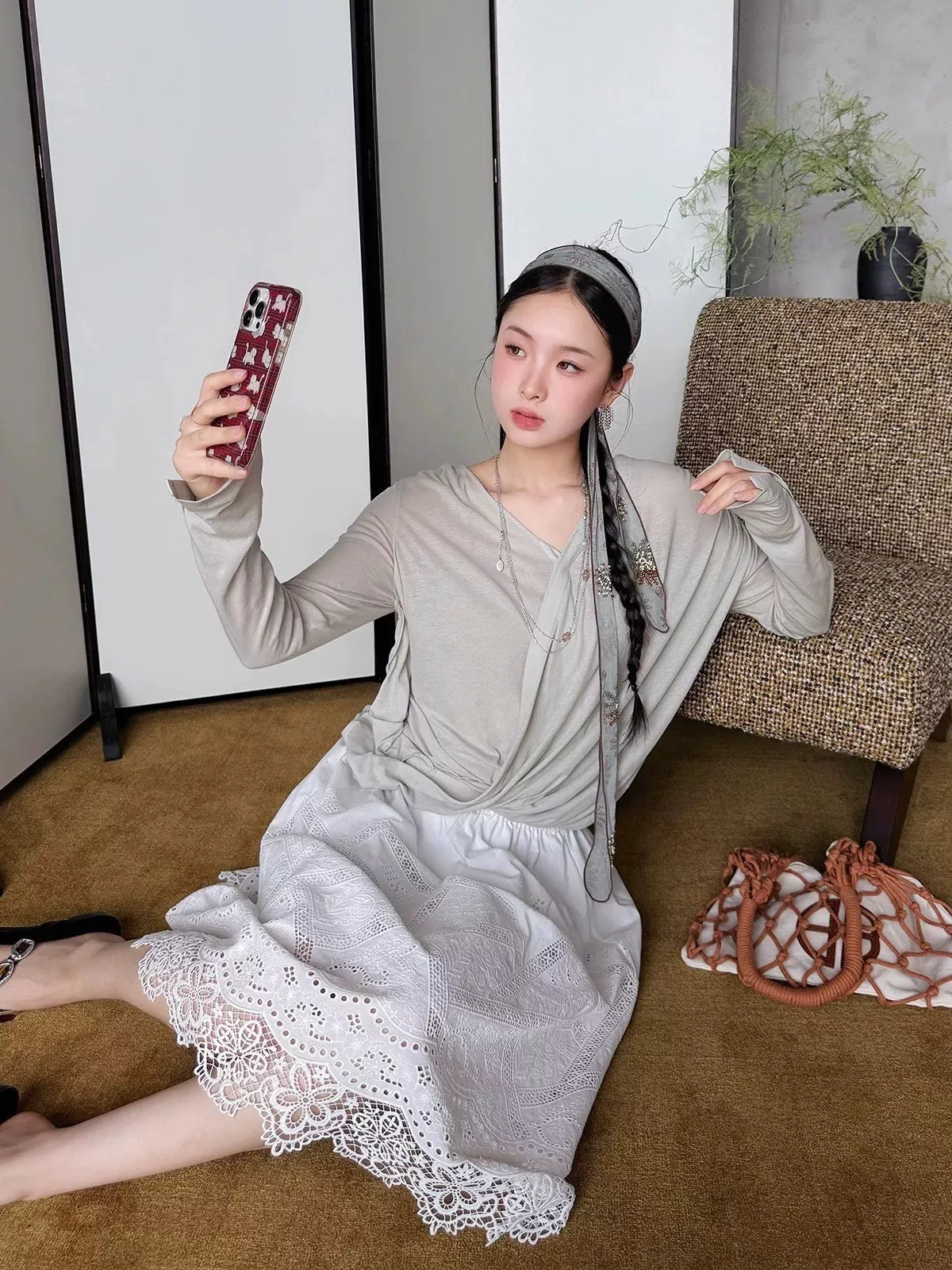 아이시클 레이스 밑단 코튼 플레어 스커트 상세 이미지 32