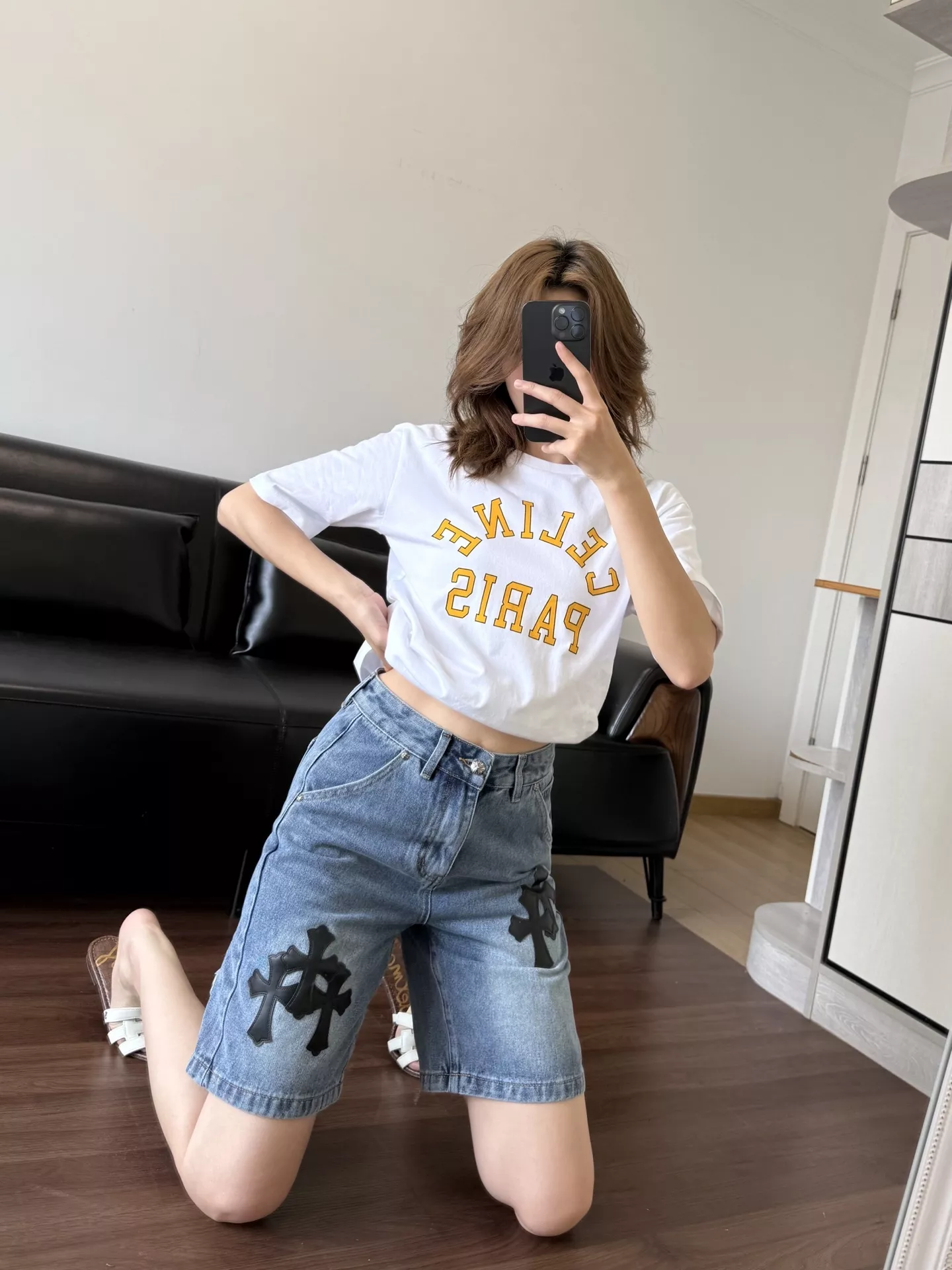 크롬하츠 십자가 자수 워싱 데님 버뮤다 팬츠 상세 이미지 32