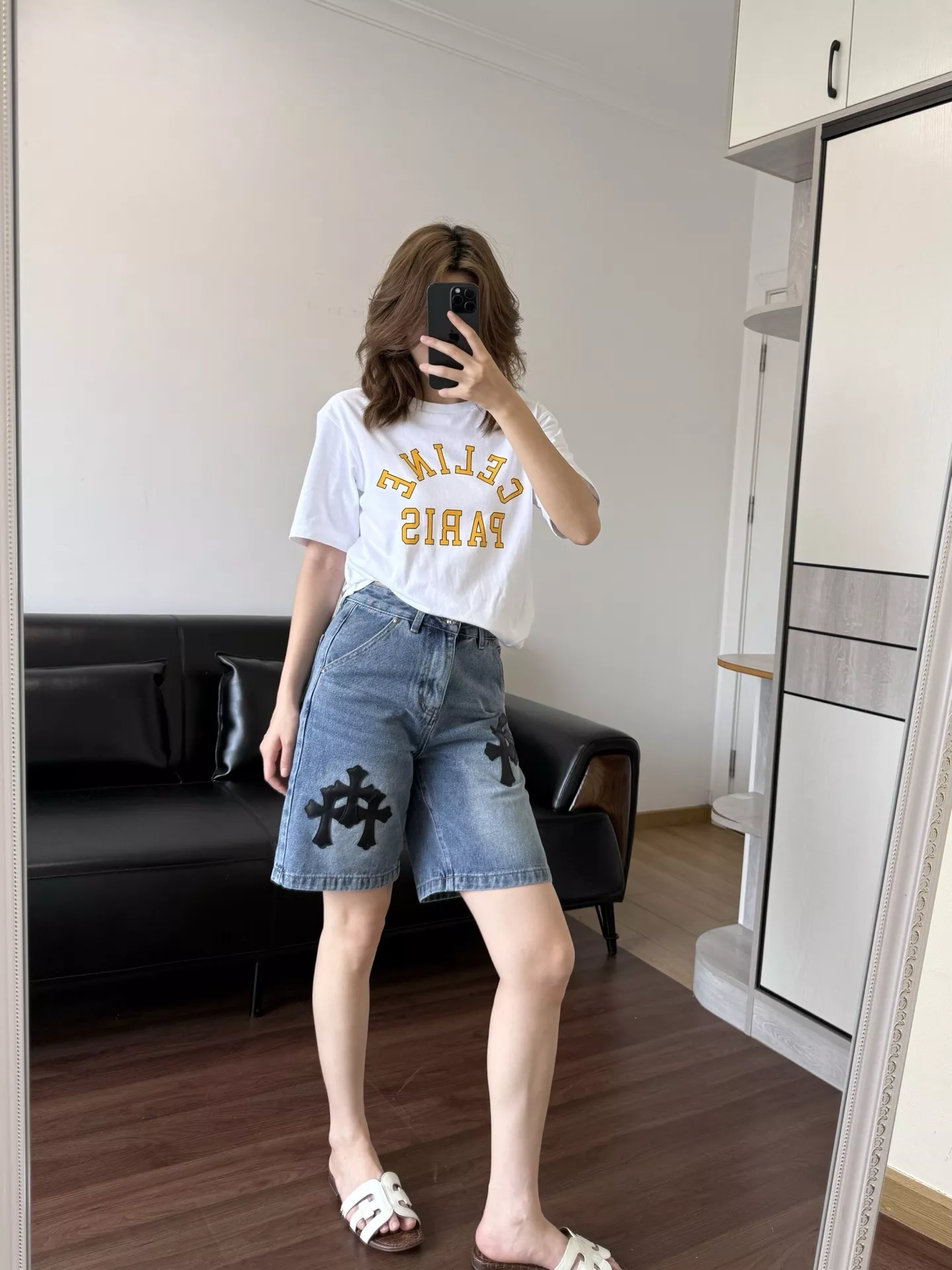 크롬하츠 십자가 자수 워싱 데님 버뮤다 팬츠 상세 이미지 33