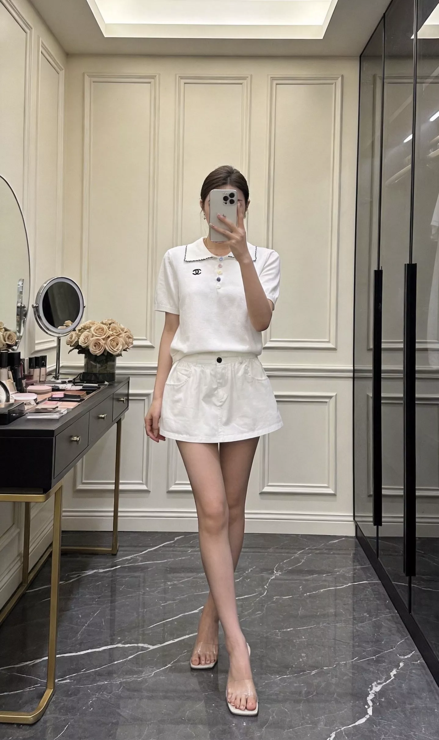 샤넬 폴로 카라 배색 반팔 니트 탑 상세 이미지 13