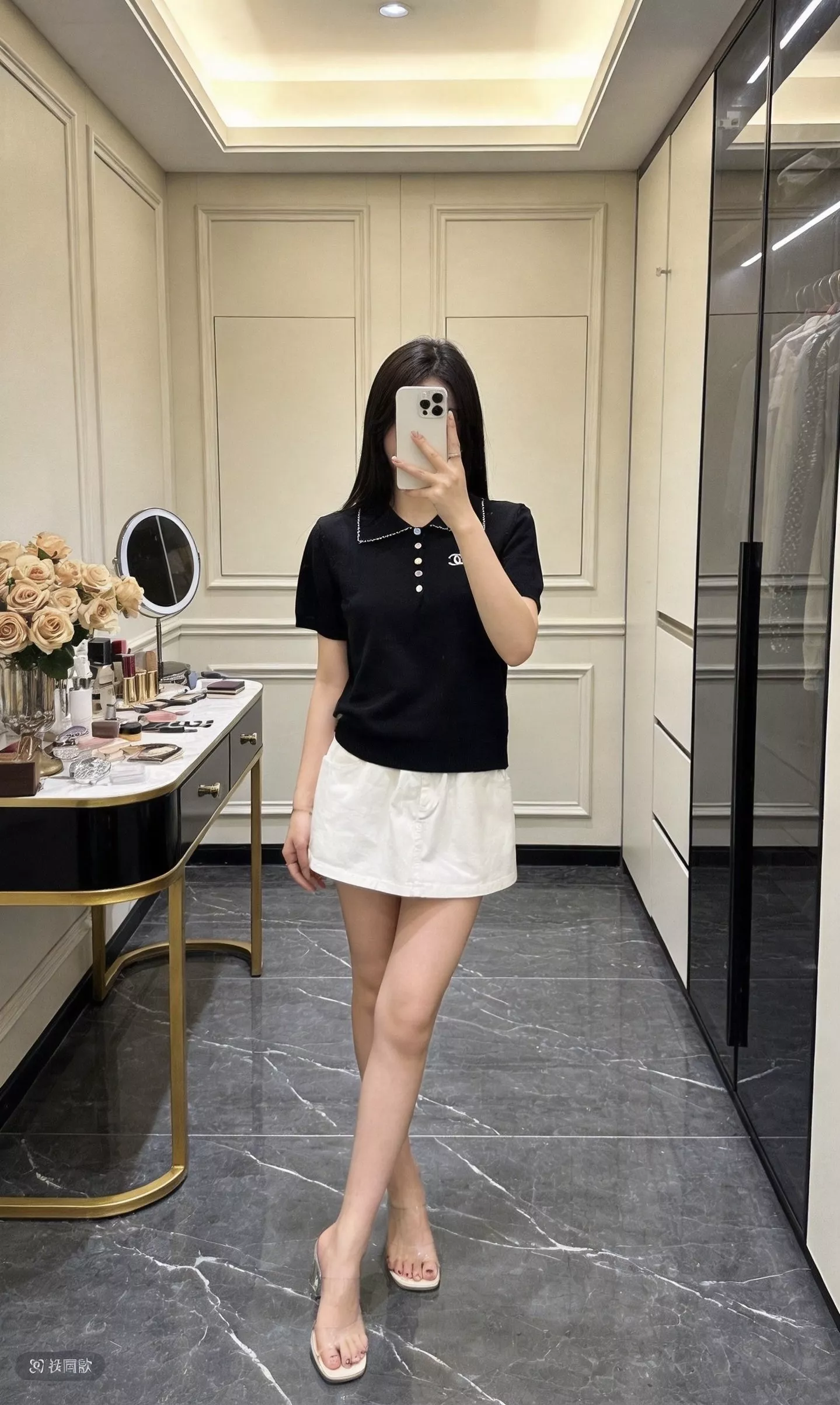 샤넬 폴로 카라 배색 반팔 니트 탑 상세 이미지 17