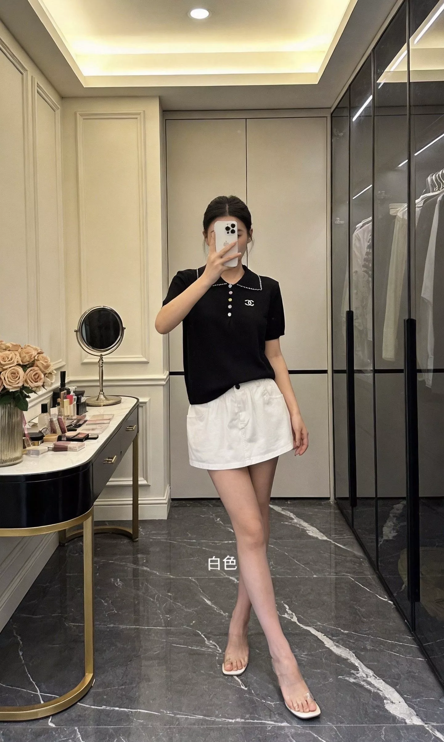 샤넬 폴로 카라 배색 반팔 니트 탑 상세 이미지 14