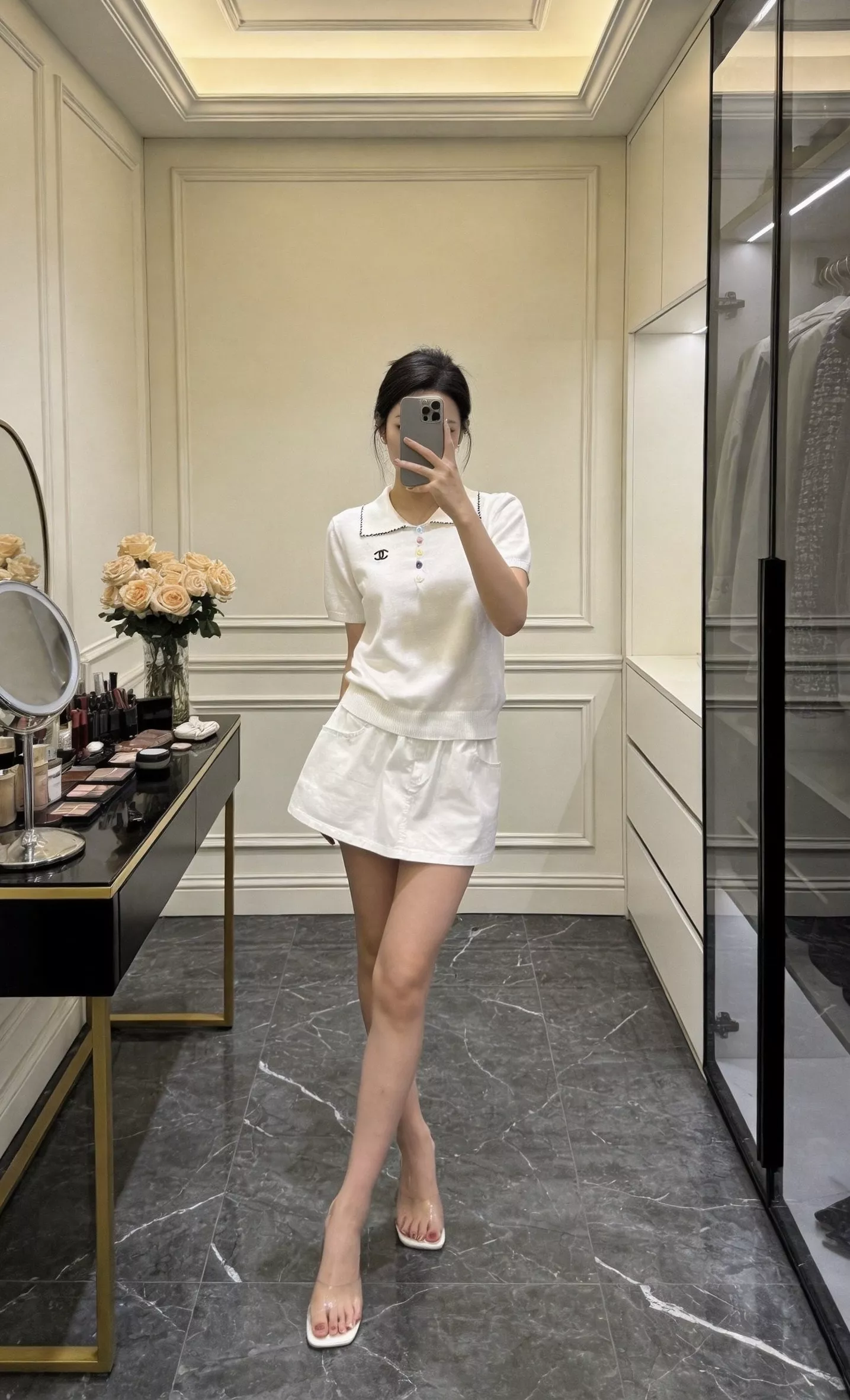 샤넬 폴로 카라 배색 반팔 니트 탑 상세 이미지 16