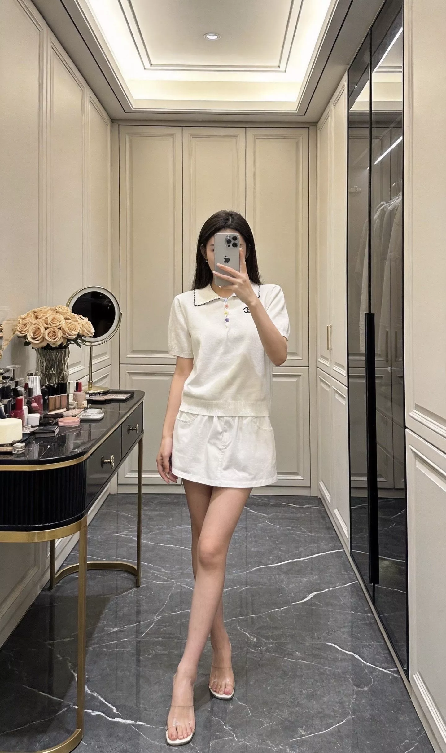샤넬 폴로 카라 배색 반팔 니트 탑 상세 이미지 15