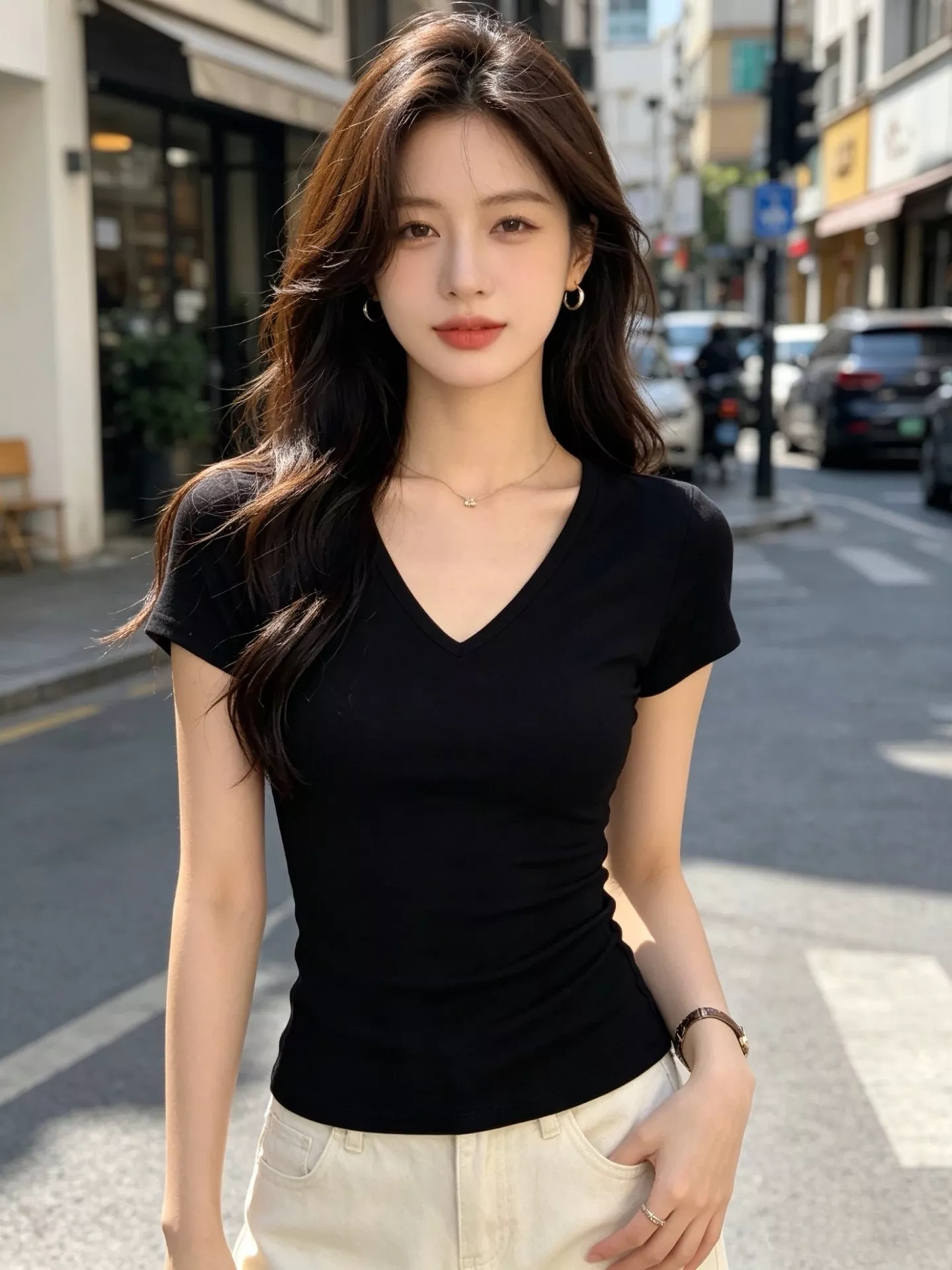 더로우 브이넥 크롭 반팔 상의 상세 이미지 22