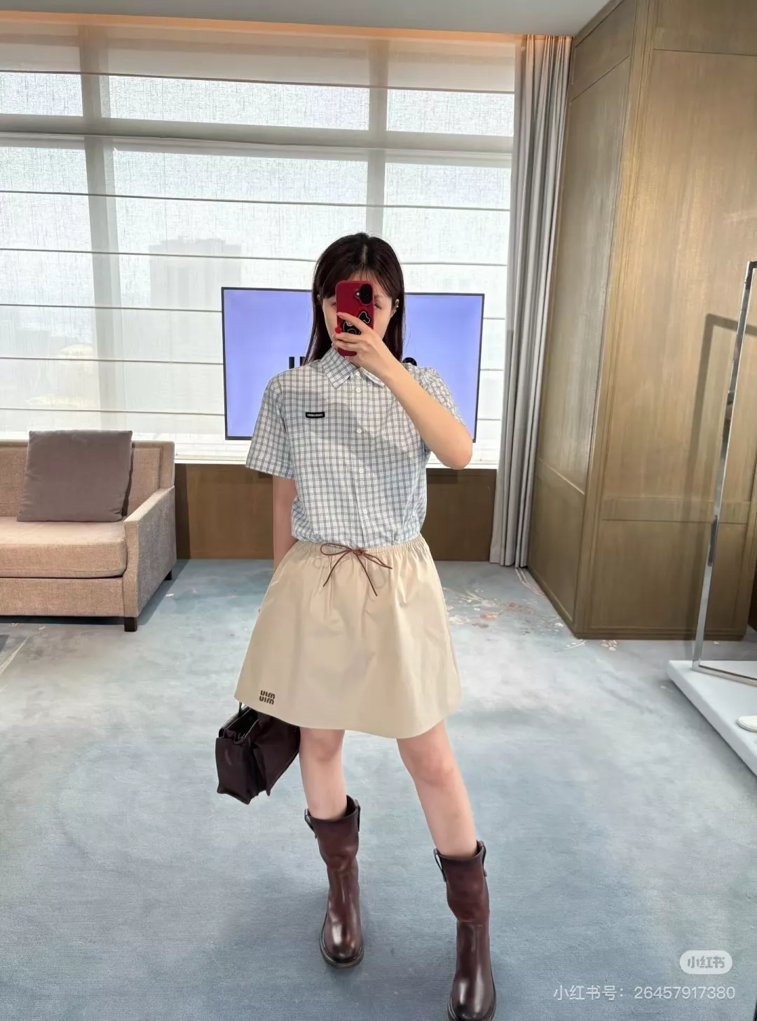 미우미우 체크 패턴 코튼 하프 셔츠 상세 이미지 7