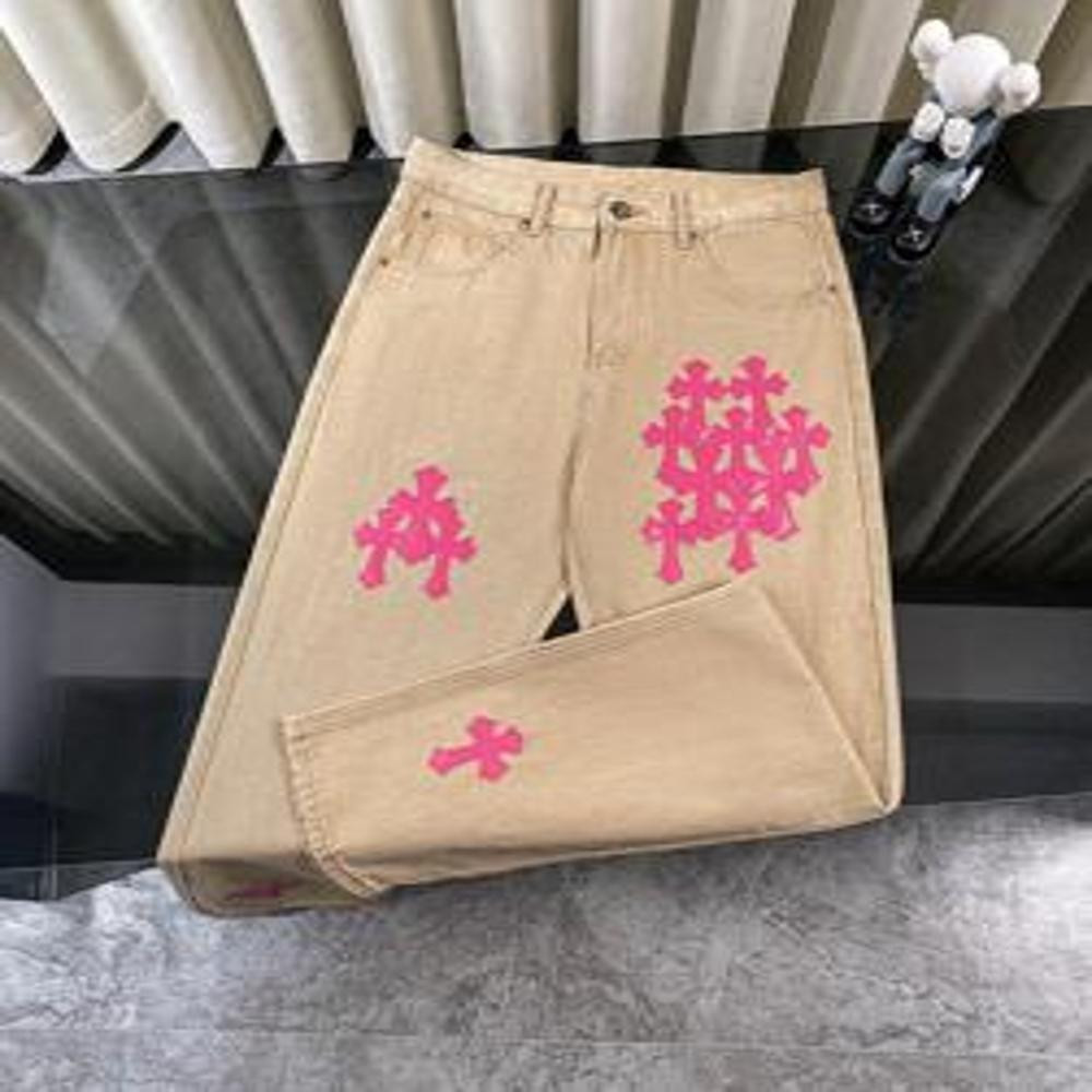크롬하츠 마이애미 한정판 네온 핑크 패치 카키 데님 팬츠