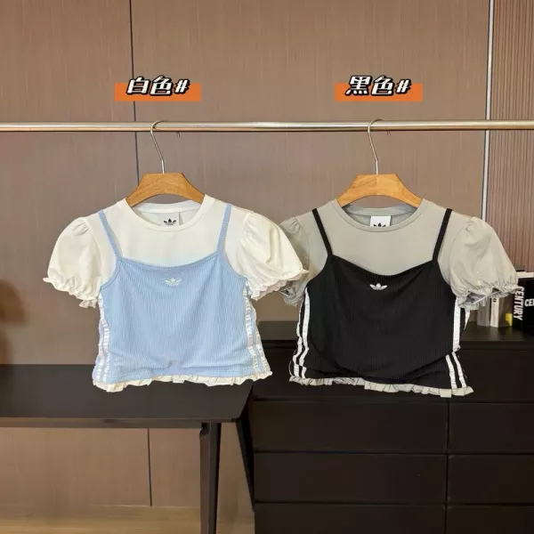 아디다스 가짜 레이어드 버블소매 크롭 상의