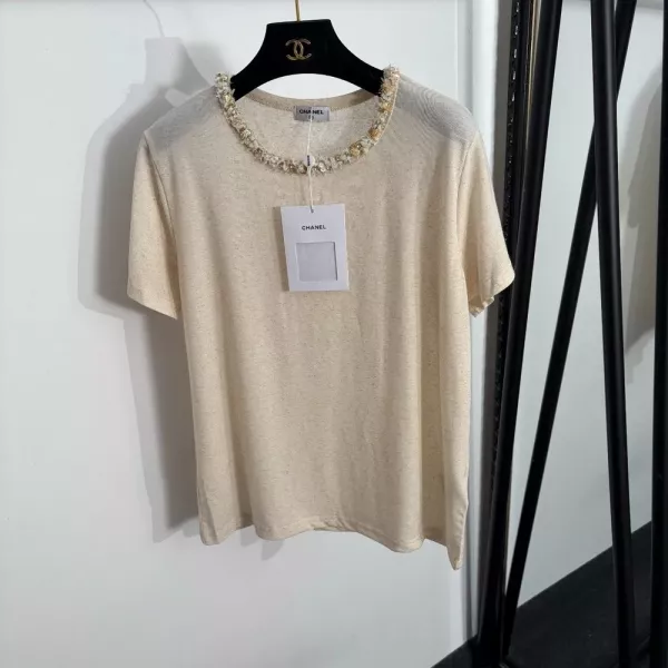샤넬 라운드넥 비즈 장식 반소매 티셔츠