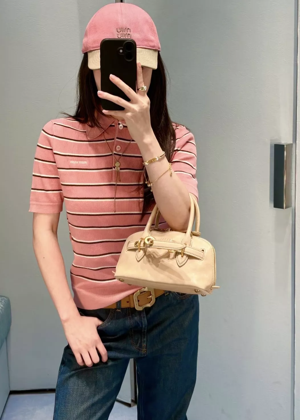 미우미우 핑크 스트라이프 폴로 반소매 니트 상세 이미지 46