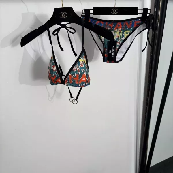 샤넬 컬러 레터 프린트 분리형 비키니 수영복 세트