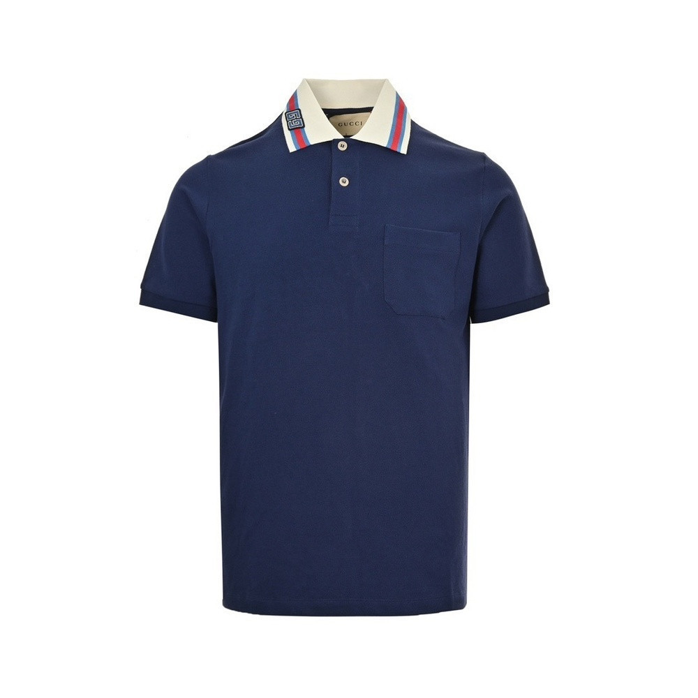 구찌 스트라이프 칼라 더블 G 자수 폴로 반소매 티셔츠