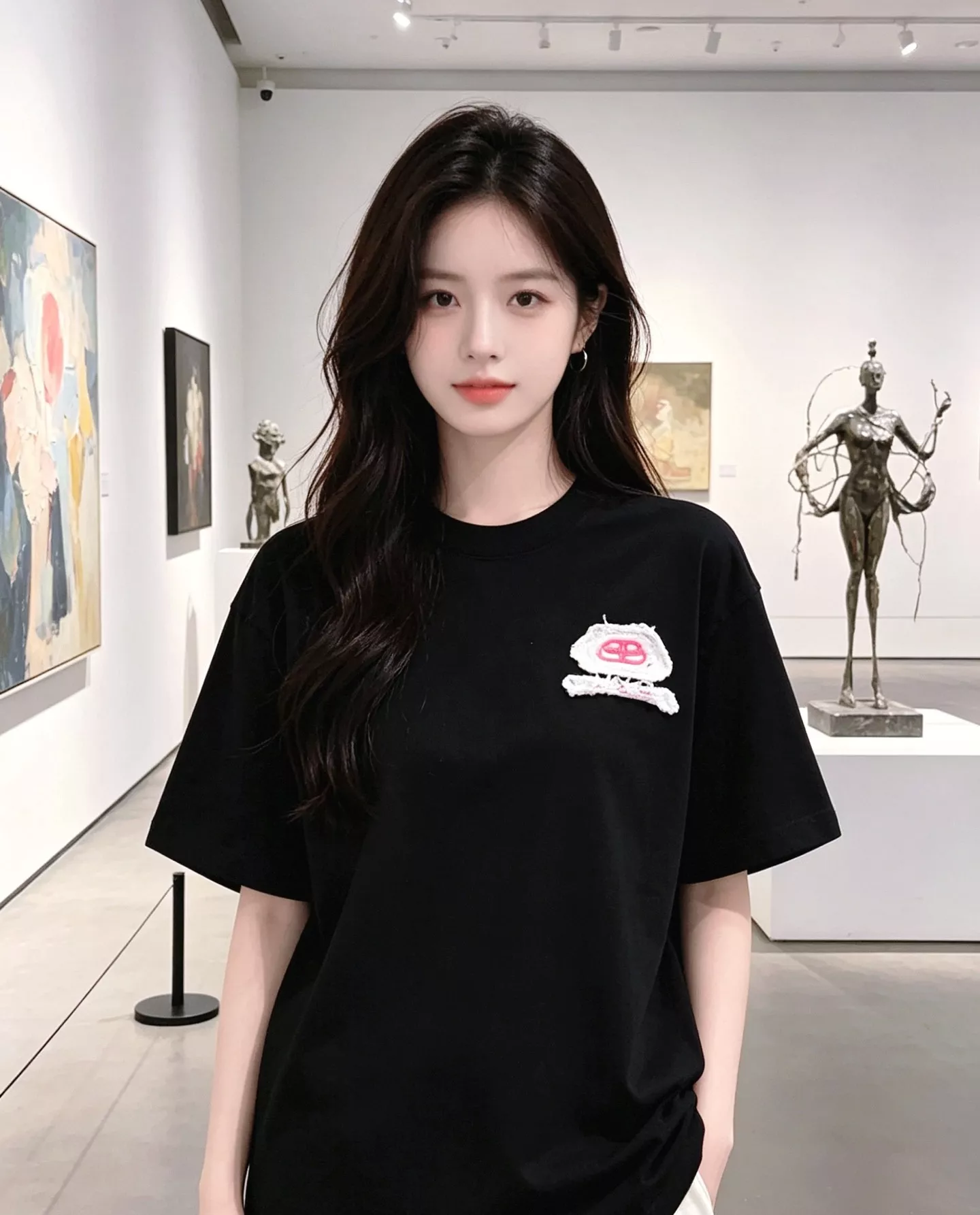 발렌시아가 더블 B 락 장식 패치 자수 라운드넥 반소매 티셔츠 상세 이미지 11