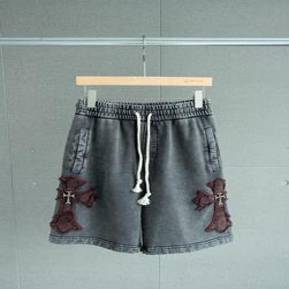 크롬하츠 25SS 워시드 그레이 빅 십자가 자수 면 쇼츠