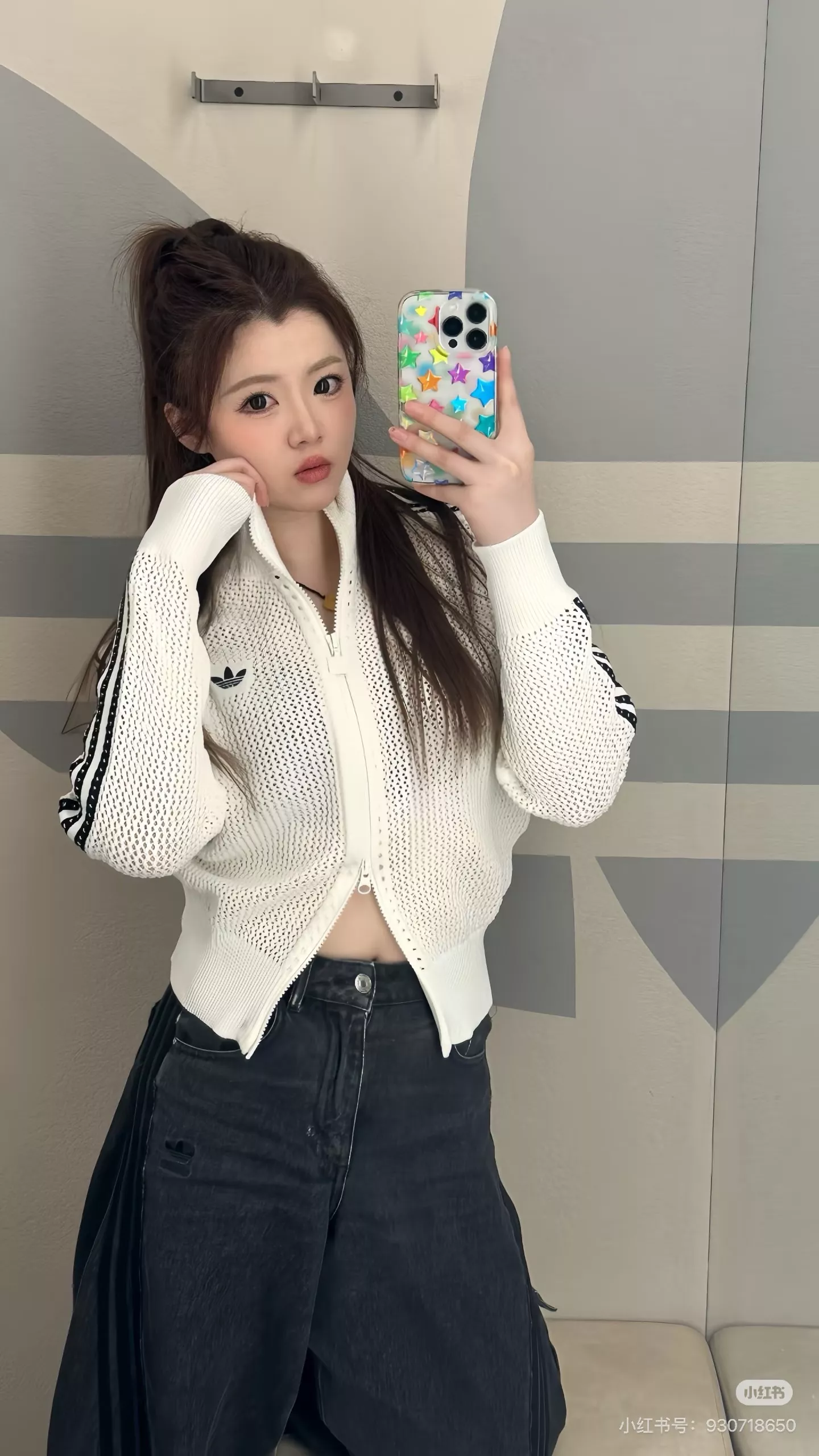 아디다스 삼선 디테일 스탠드넥 오픈워크 니트 집업 가디건 상세 이미지 16