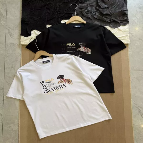 휠라 카툰 프린트 라운드넥 반소매 티셔츠
