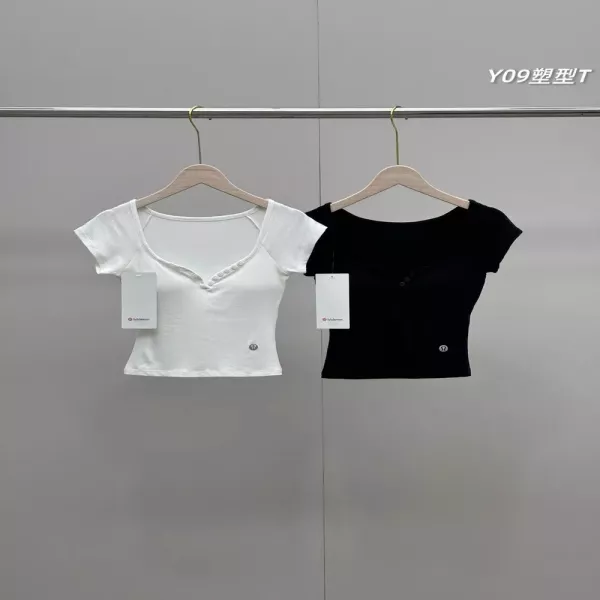 룰루레몬 브라패드 일체형 버튼 브이넥 반소매 티셔츠 2종 세트