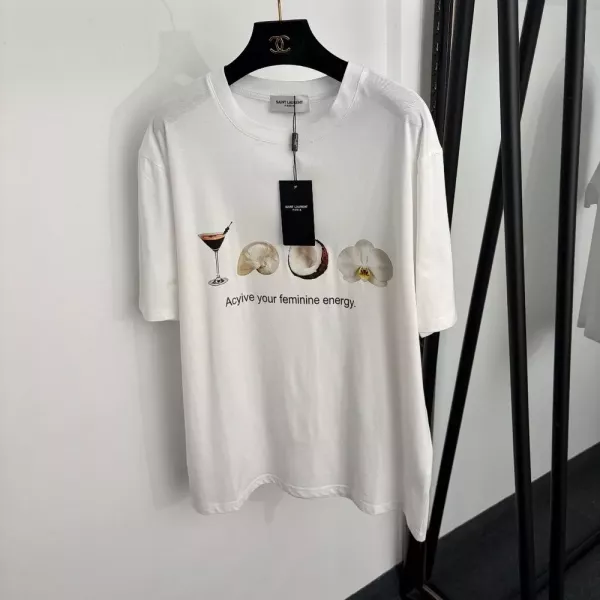 입생로랑 칵테일, 조개, 코코넛, 호접란 프린트 루즈핏 반소매 티셔츠