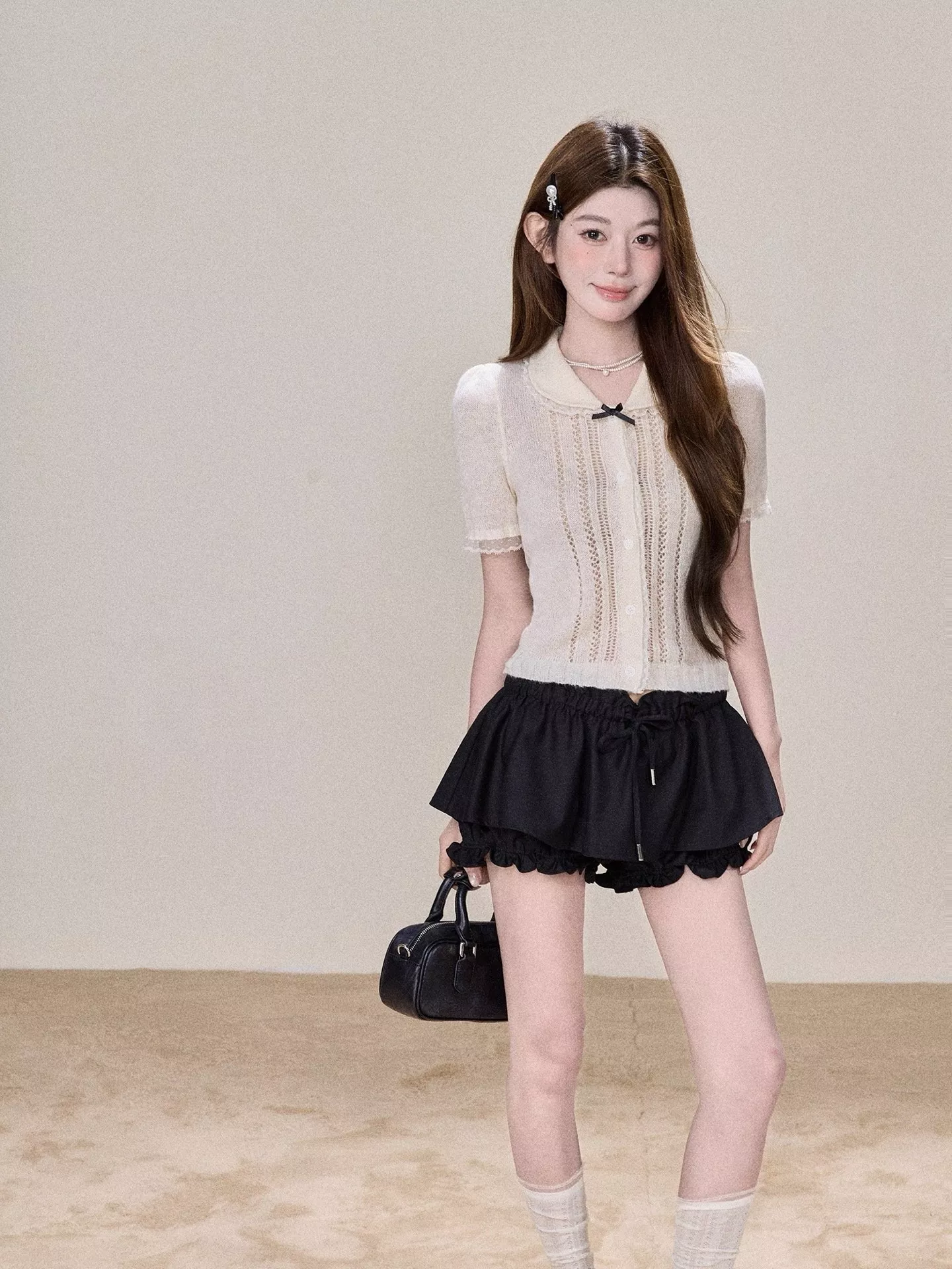 샤넬 배색 레이스 카라 반소매 니트 탑 상세 이미지 21