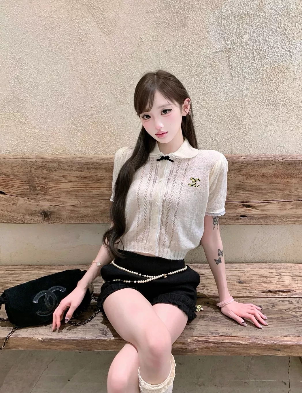 샤넬 배색 레이스 카라 반소매 니트 탑 상세 이미지 9